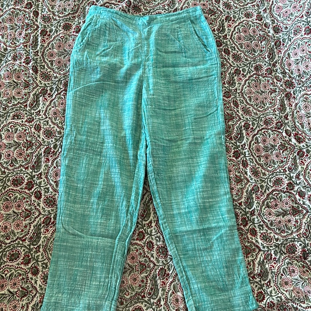 Fabindia cotton teal cropped taper leg pants trousers woven fabric